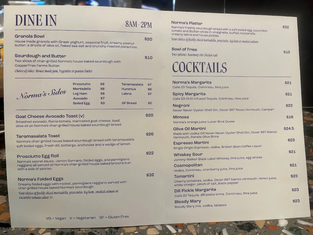 Menu, Norma's Deli