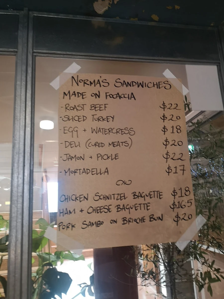 Menu, Norma's Deli