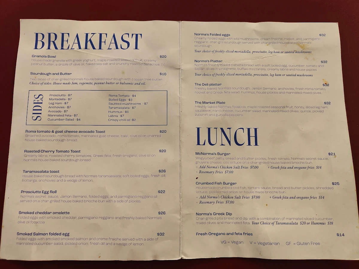 Menu, Norma's Deli