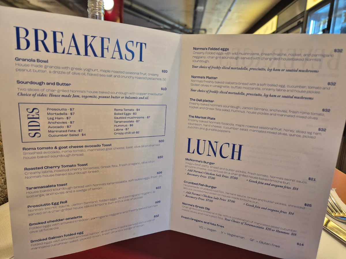Menu, Norma's Deli