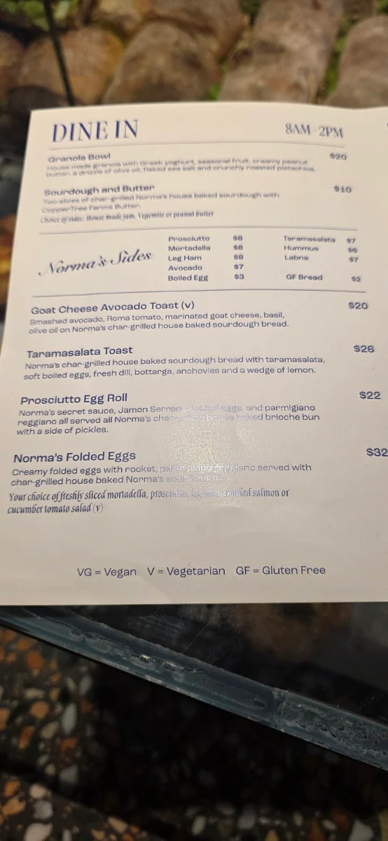 Menu, Norma's Deli
