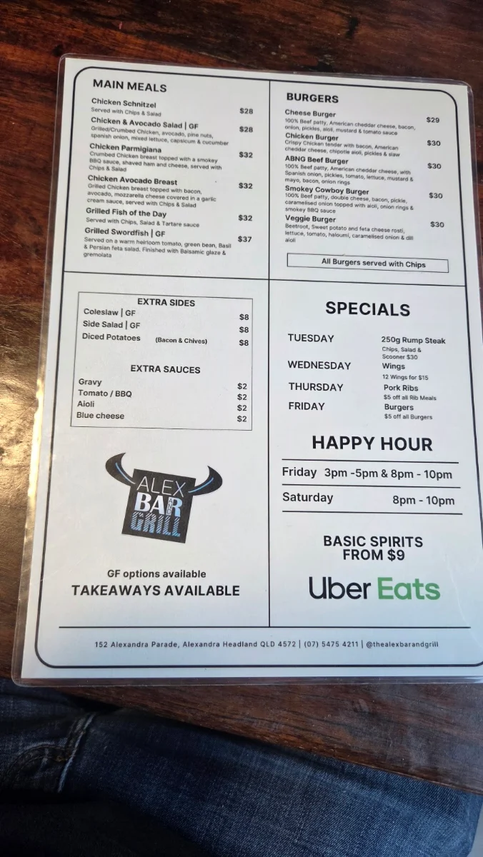 Menu, The Alex Bar & Grill