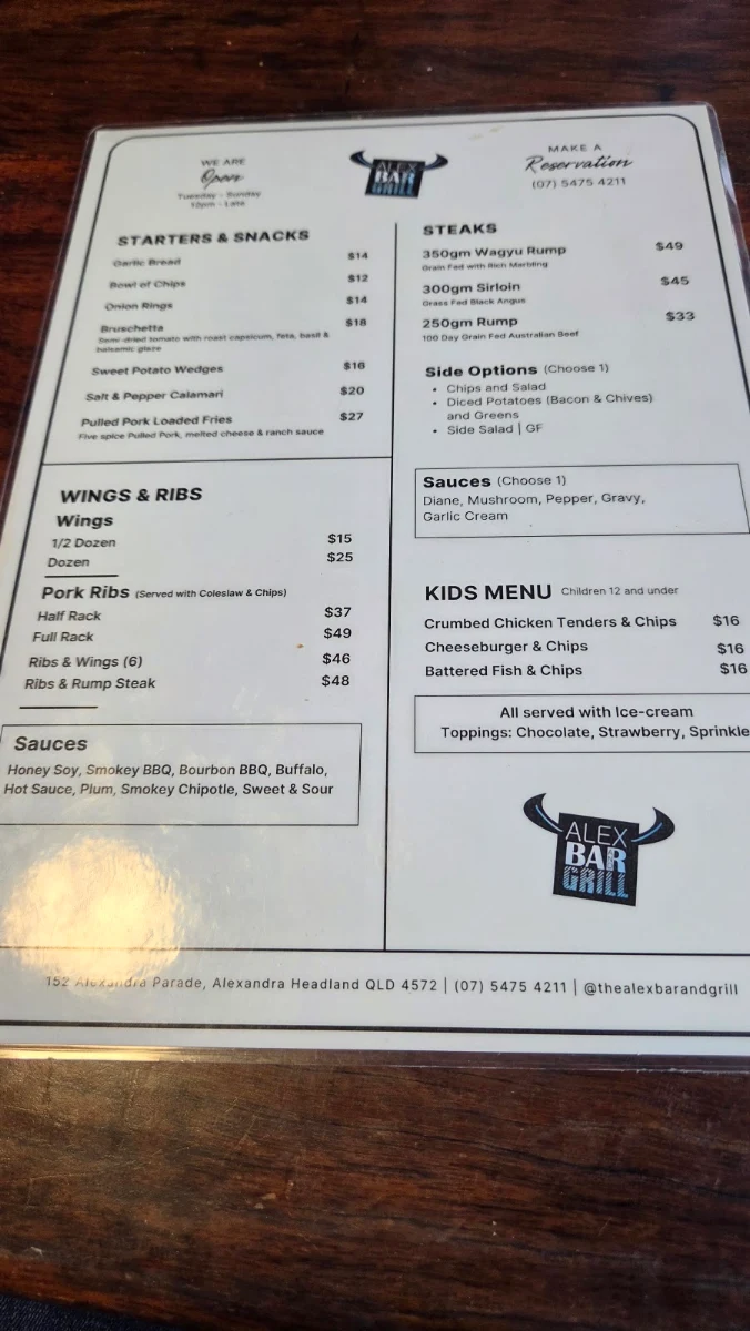 Menu, The Alex Bar & Grill