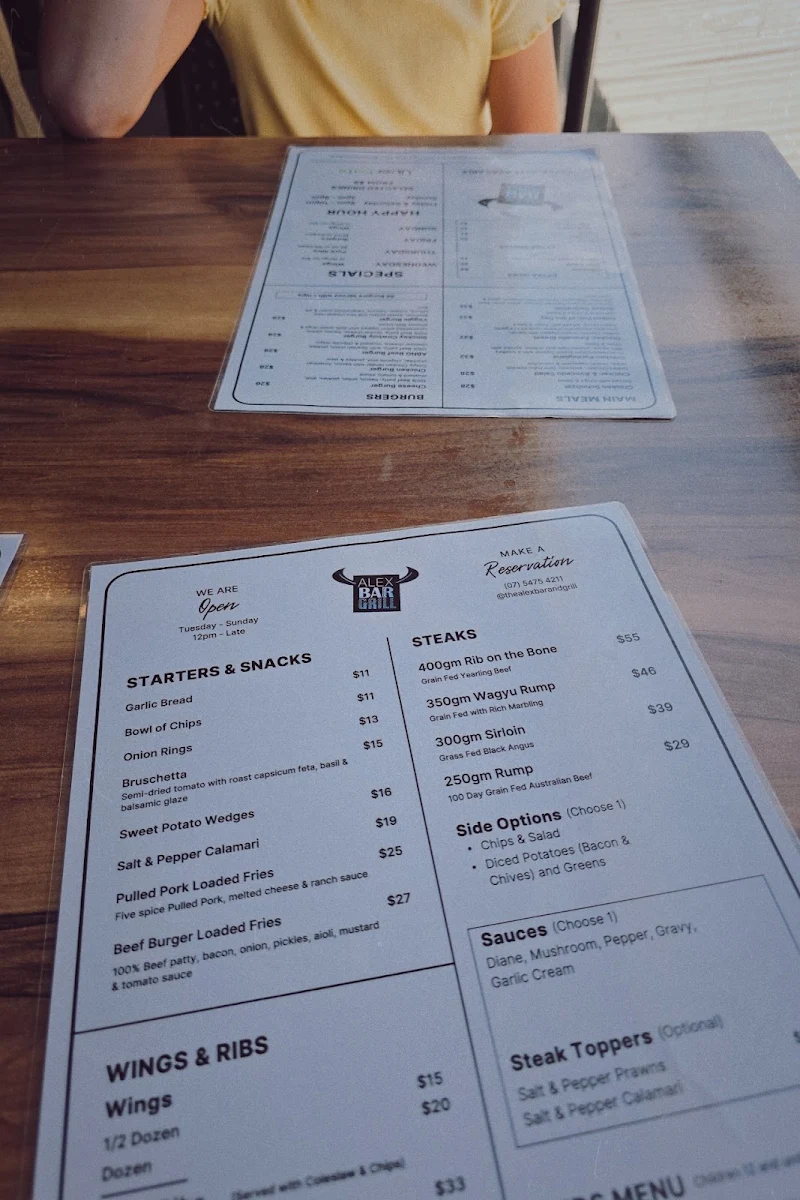 Menu, The Alex Bar & Grill