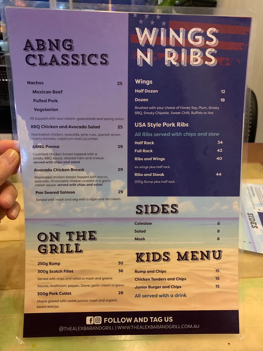 Menu, The Alex Bar & Grill