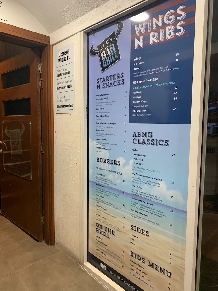 Menu, The Alex Bar & Grill