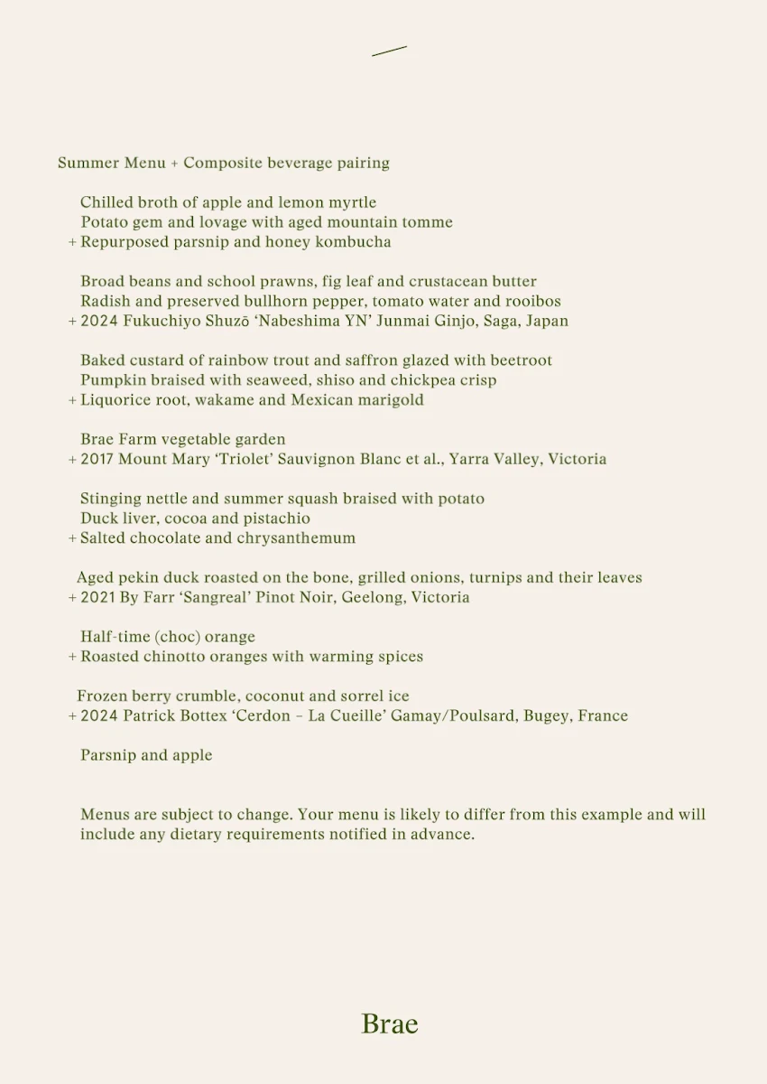 Menu, Brae Restaurant