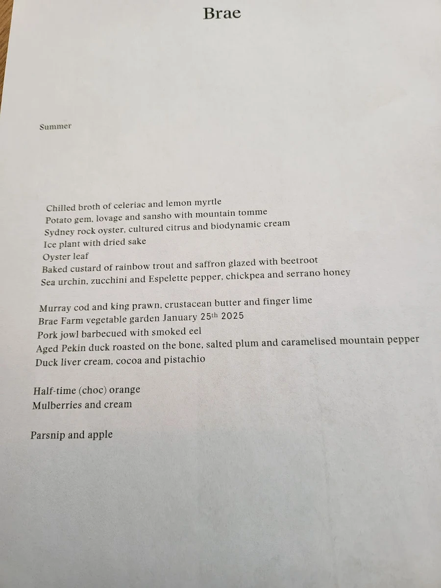 Menu, Brae Restaurant