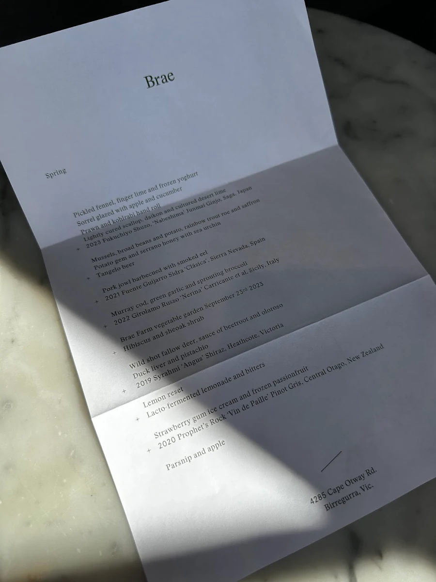 Menu, Brae Restaurant