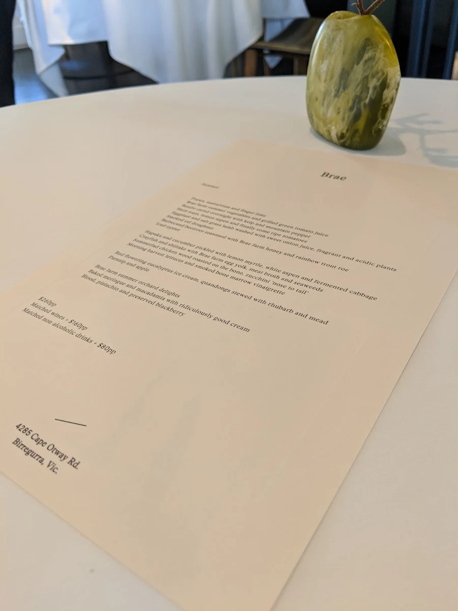 Menu, Brae Restaurant