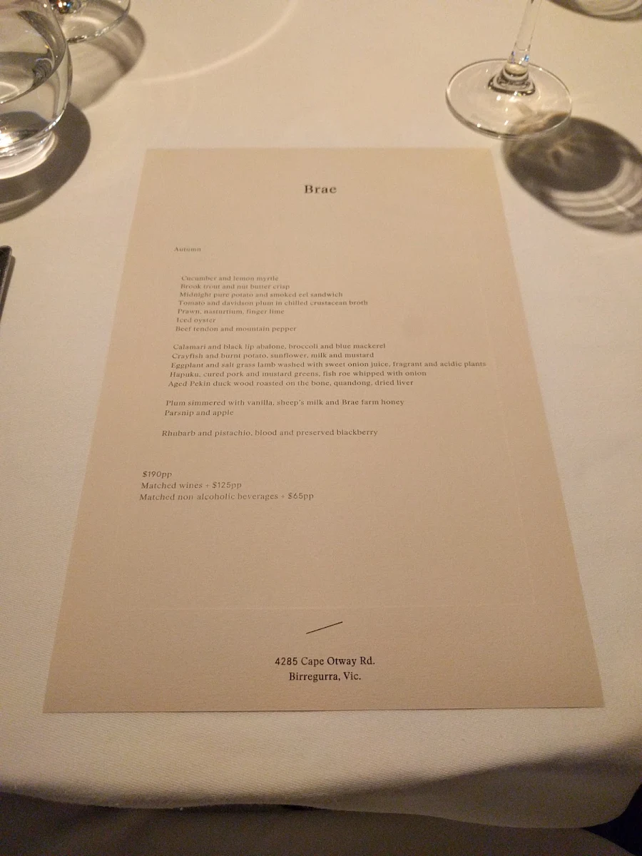 Menu, Brae Restaurant