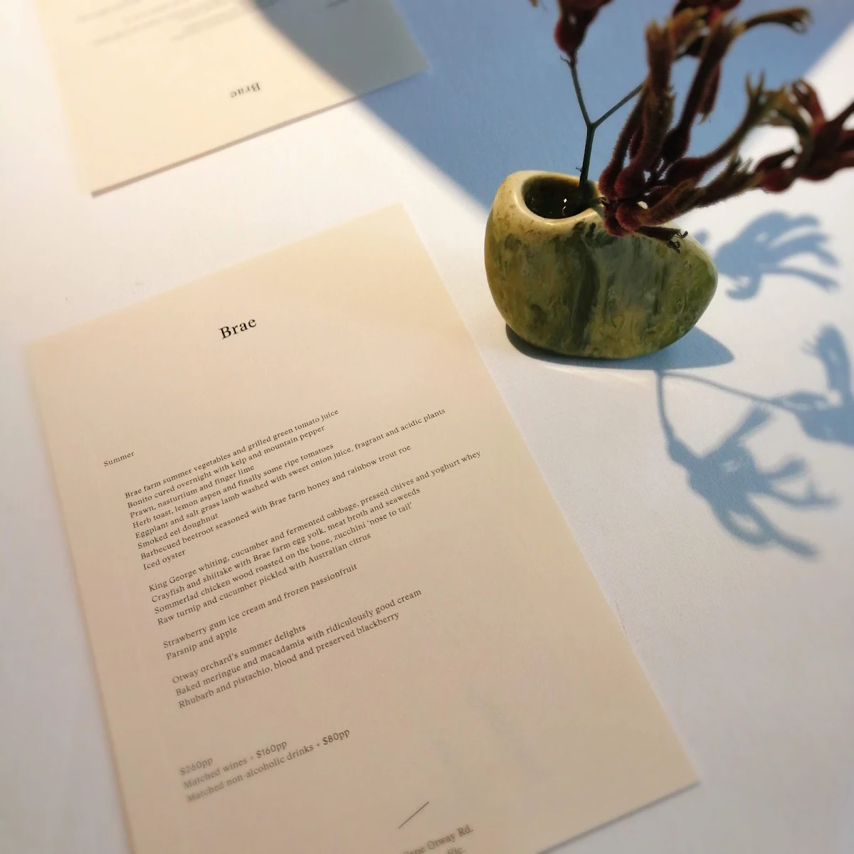 Menu, Brae Restaurant
