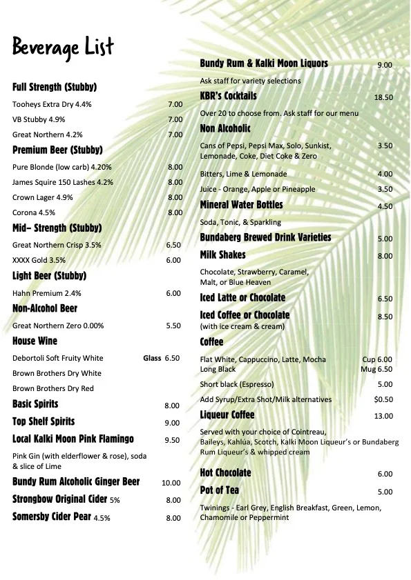 Menu, KBR's Licensed Restaurant