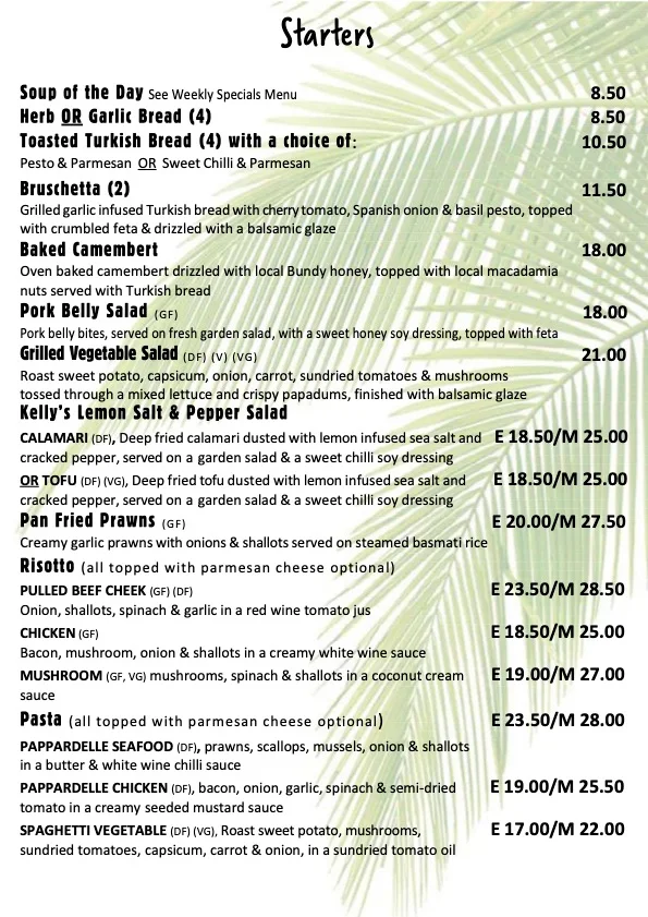 Menu, KBR's Licensed Restaurant