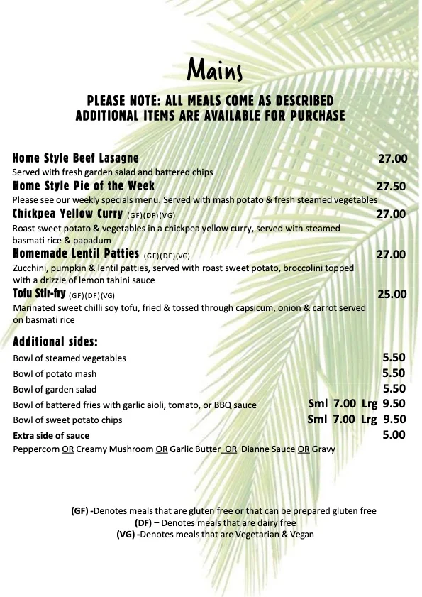 Menu, KBR's Licensed Restaurant