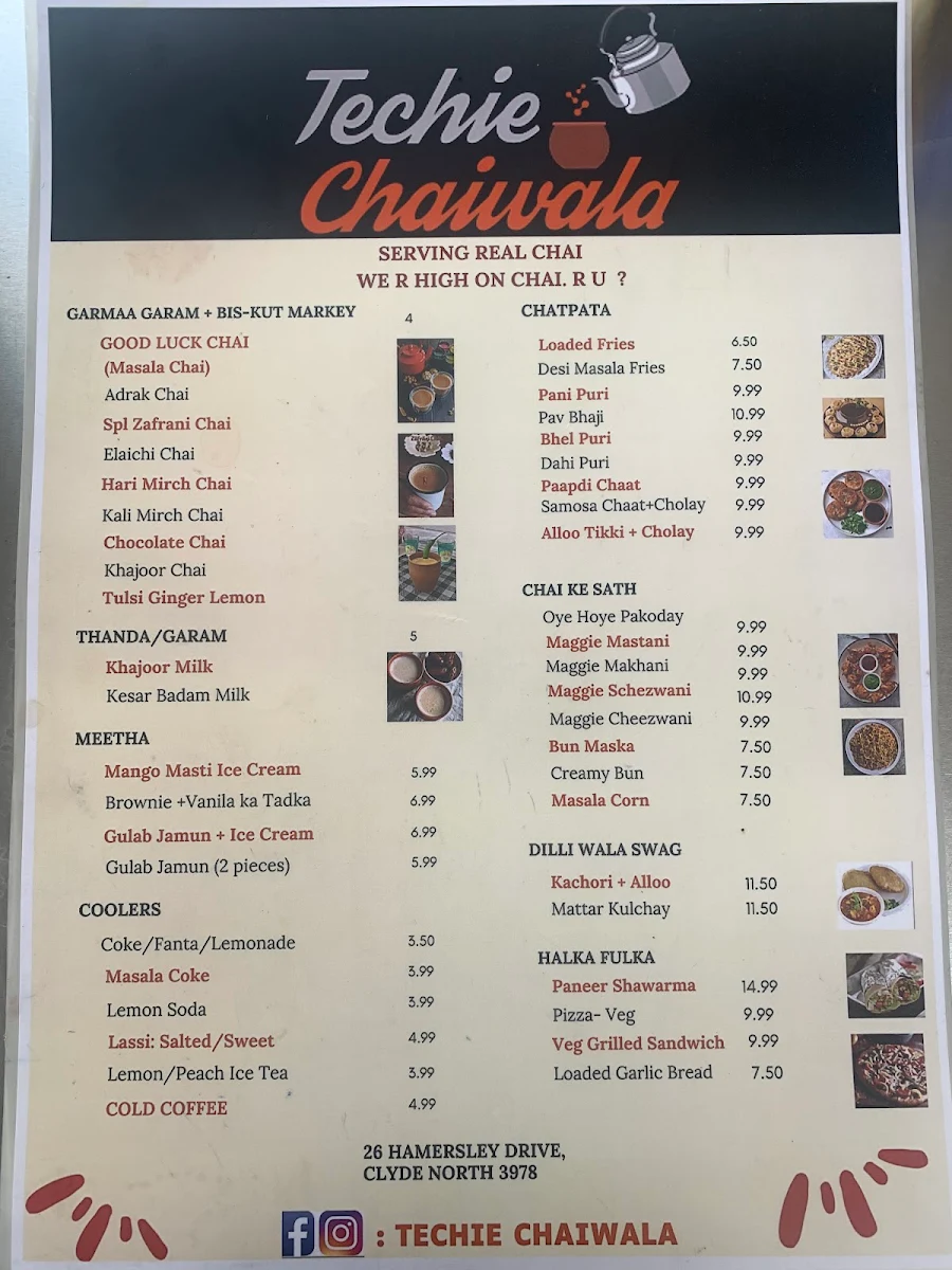 Menu, Techie Chaiwala