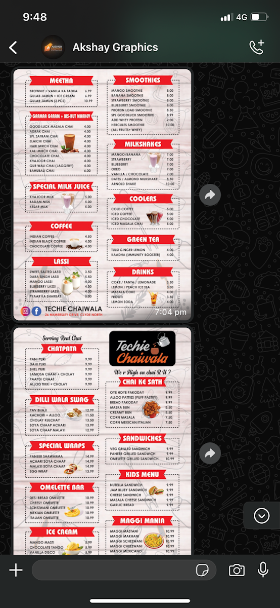 Menu, Techie Chaiwala