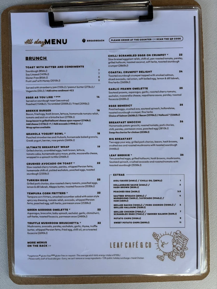 Menu, Leaf Cafe & Co Broadbeach