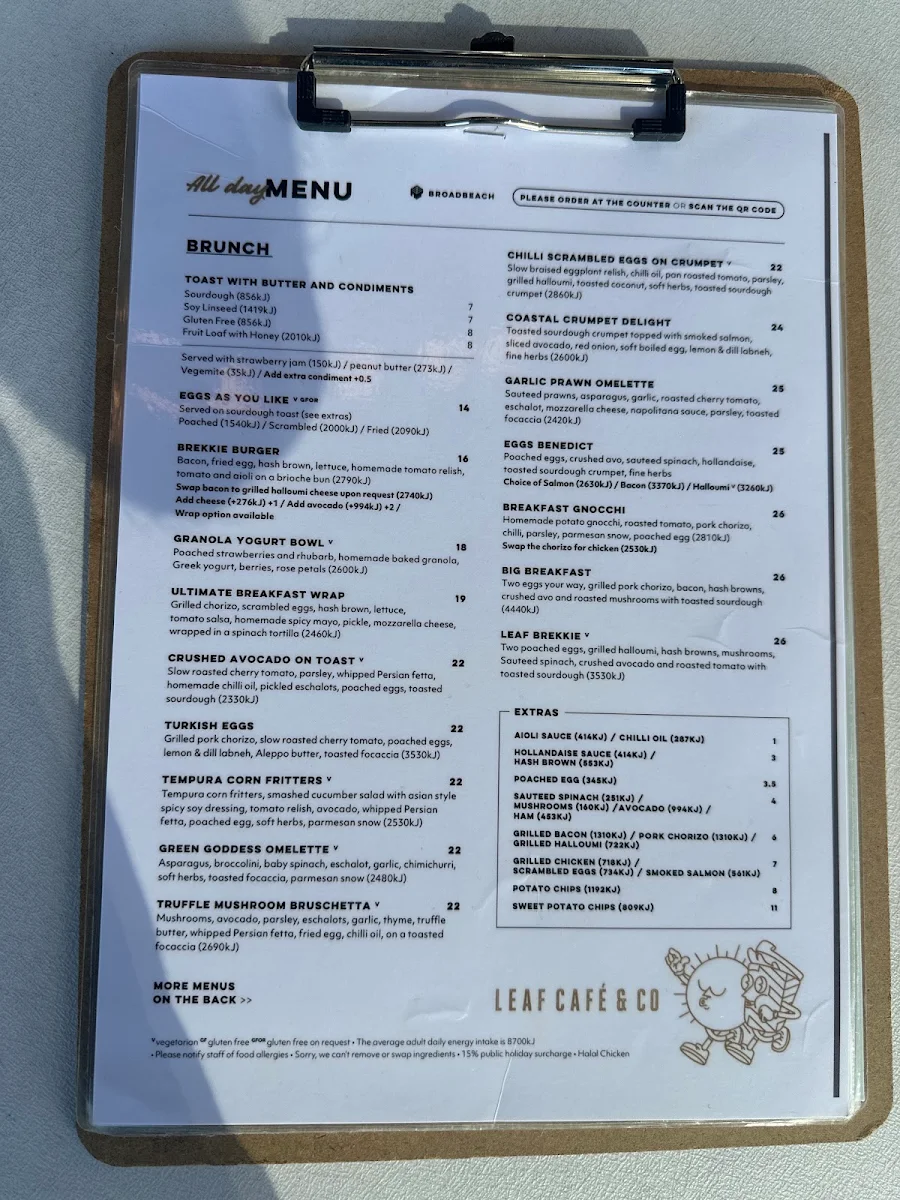 Menu, Leaf Cafe & Co Broadbeach