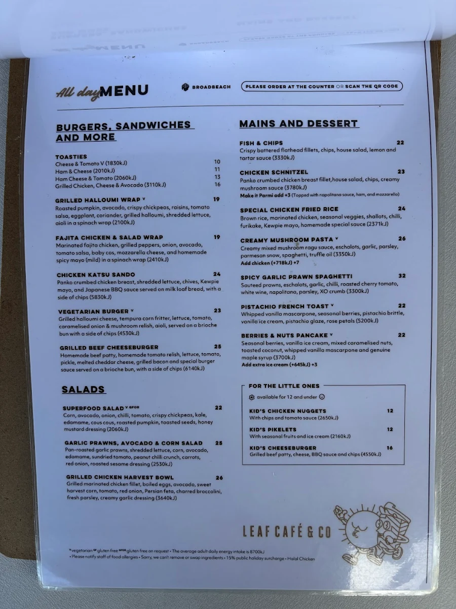 Menu, Leaf Cafe & Co Broadbeach