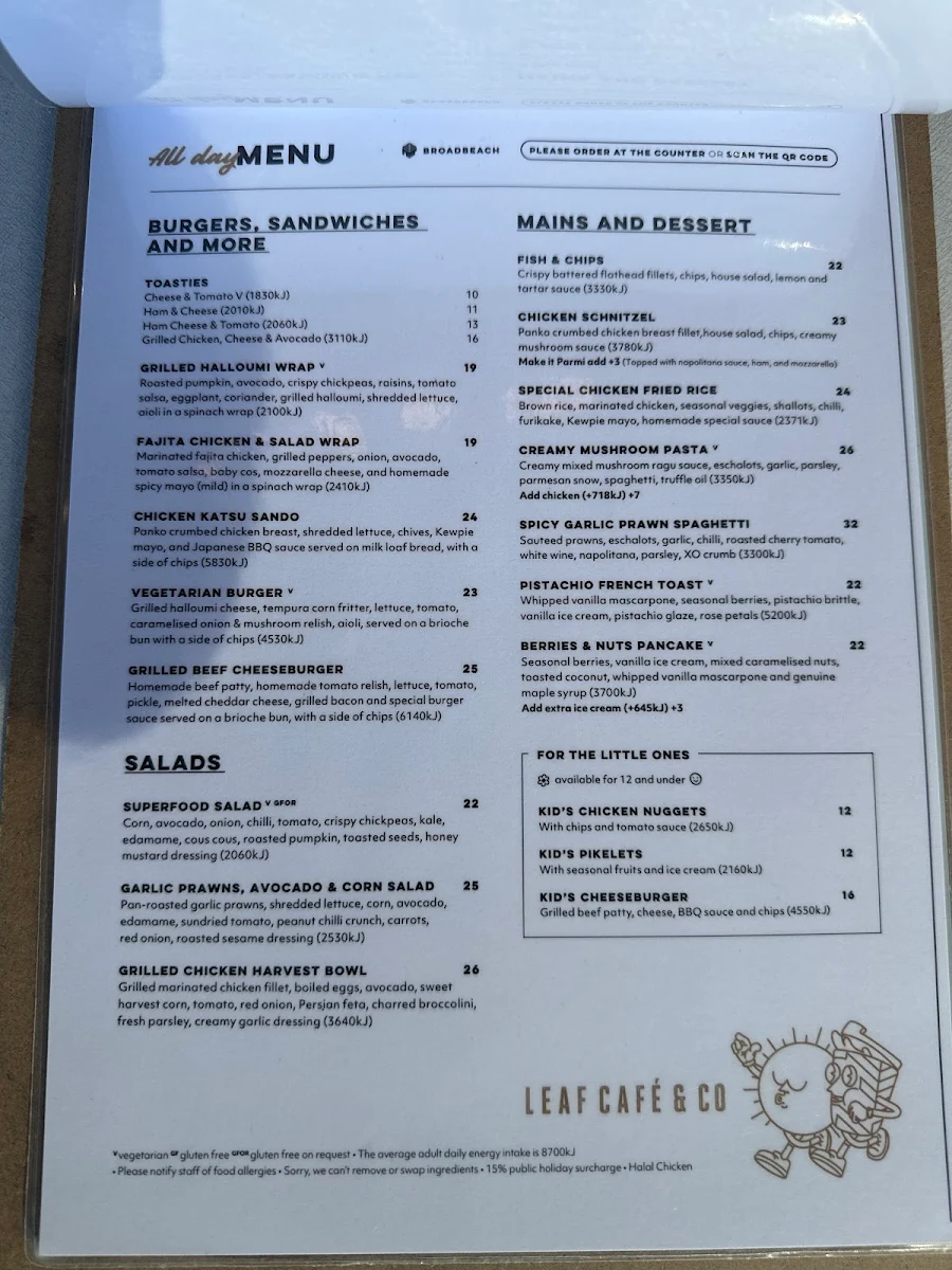 Menu, Leaf Cafe & Co Broadbeach