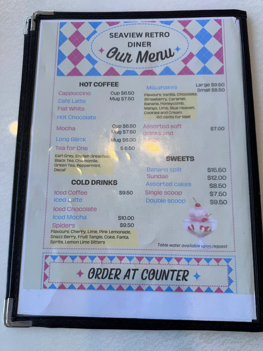 Menu, Seaview Retro Diner