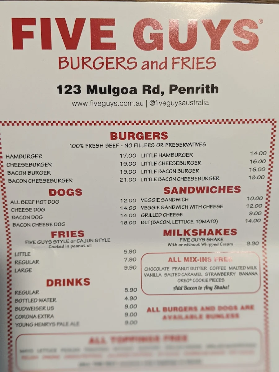 Menu, Five Guys