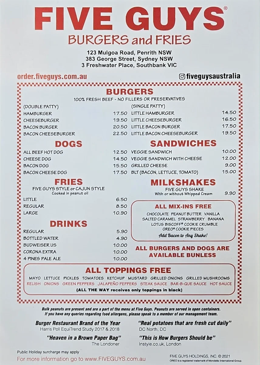 Menu, Five Guys
