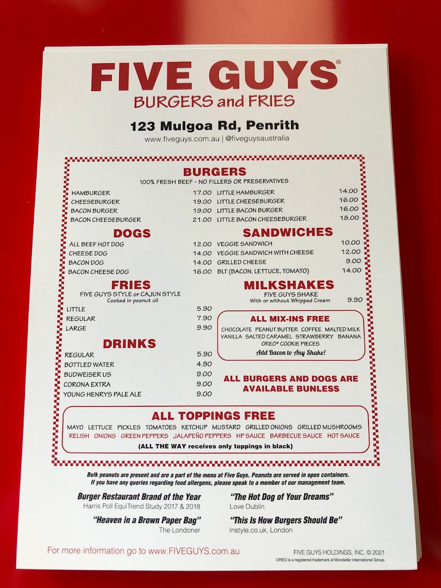 Menu, Five Guys