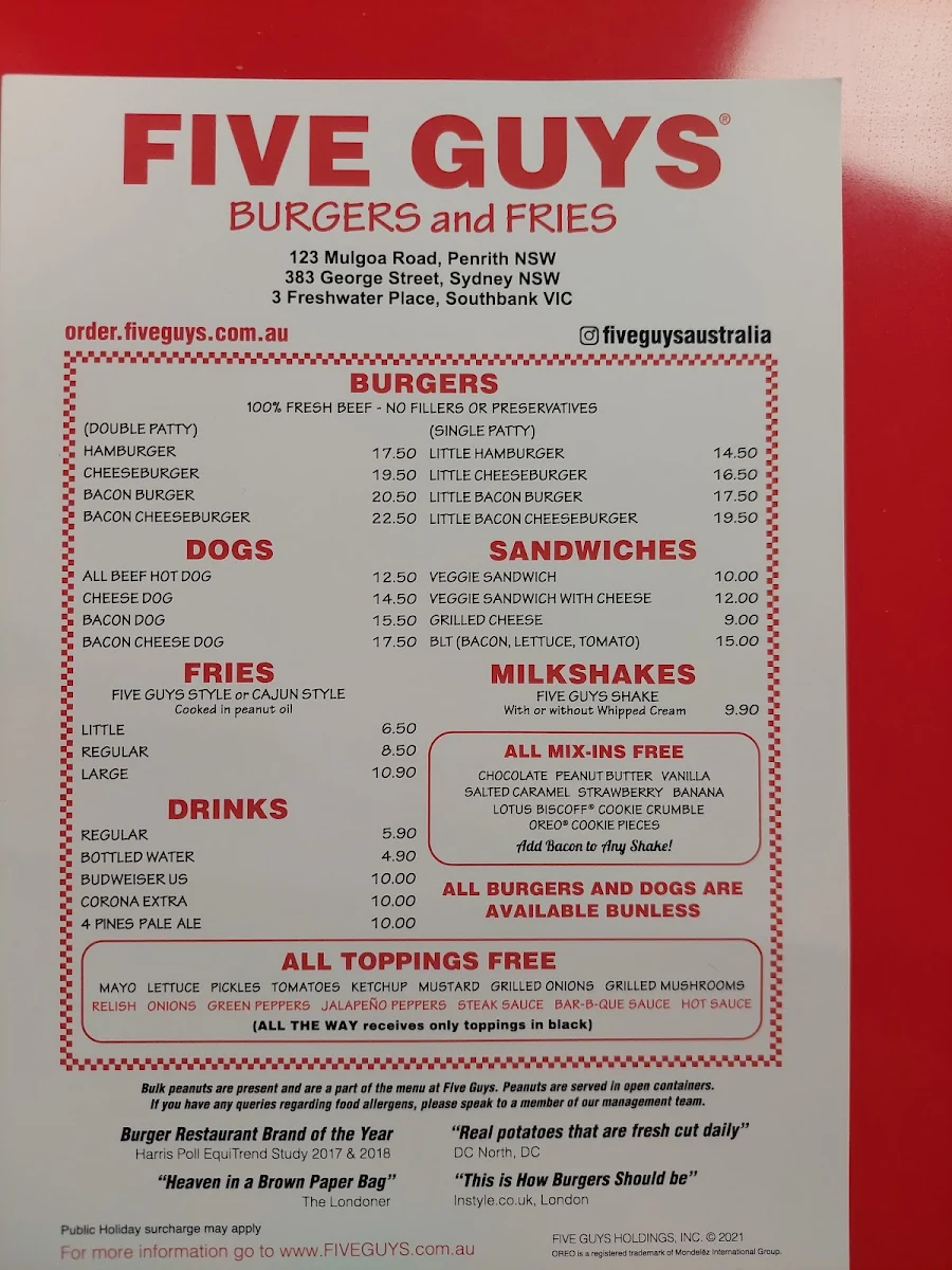 Menu, Five Guys