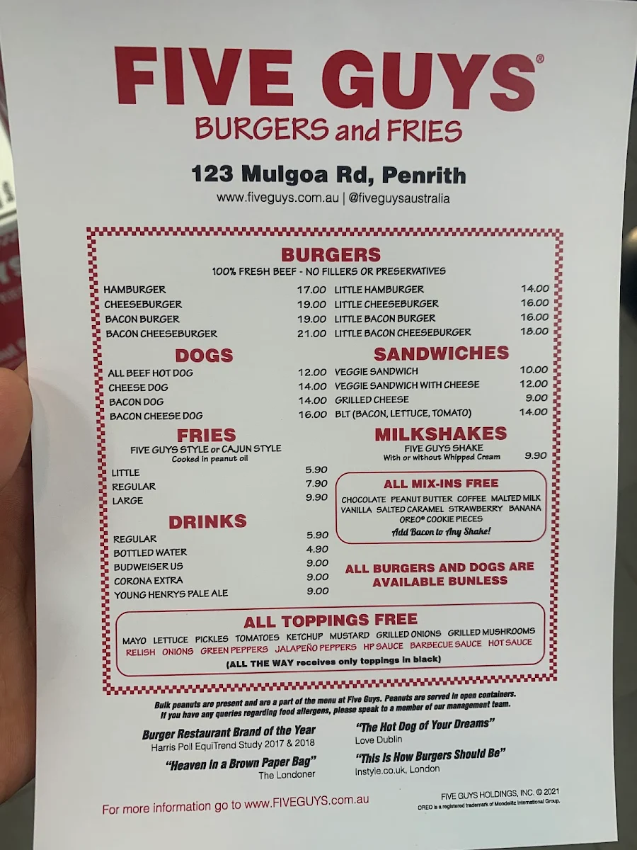 Menu, Five Guys