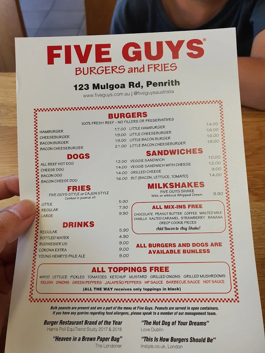 Menu, Five Guys