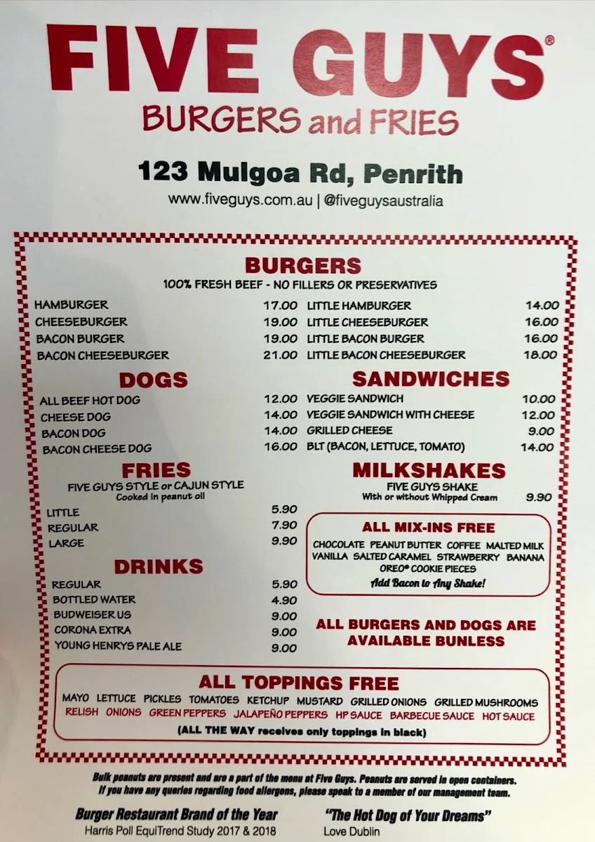 Menu, Five Guys