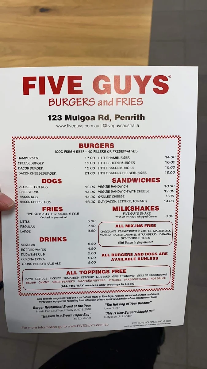 Menu, Five Guys