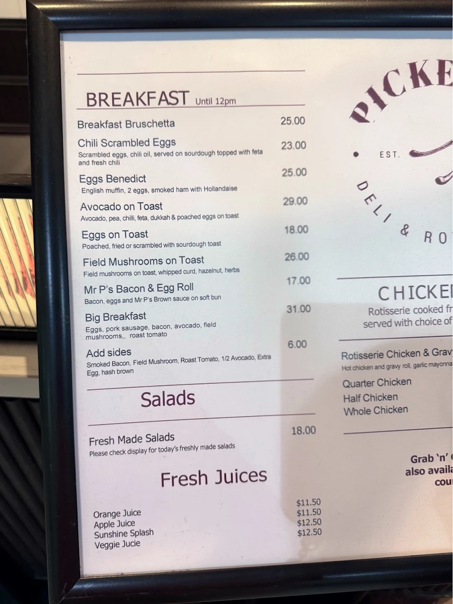 Menu, Pickett’s