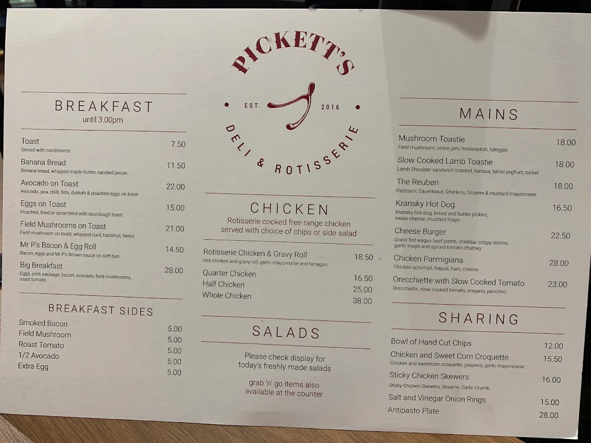 Menu, Pickett’s