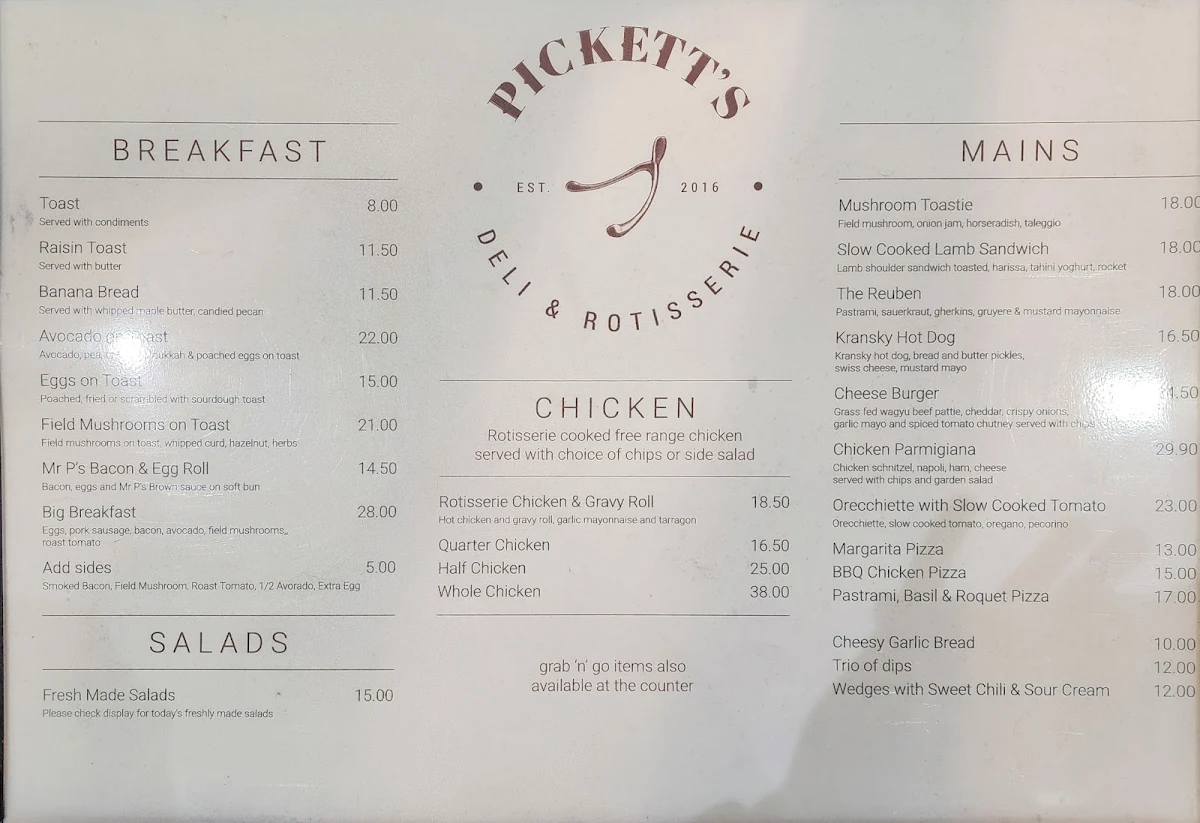Menu, Pickett’s