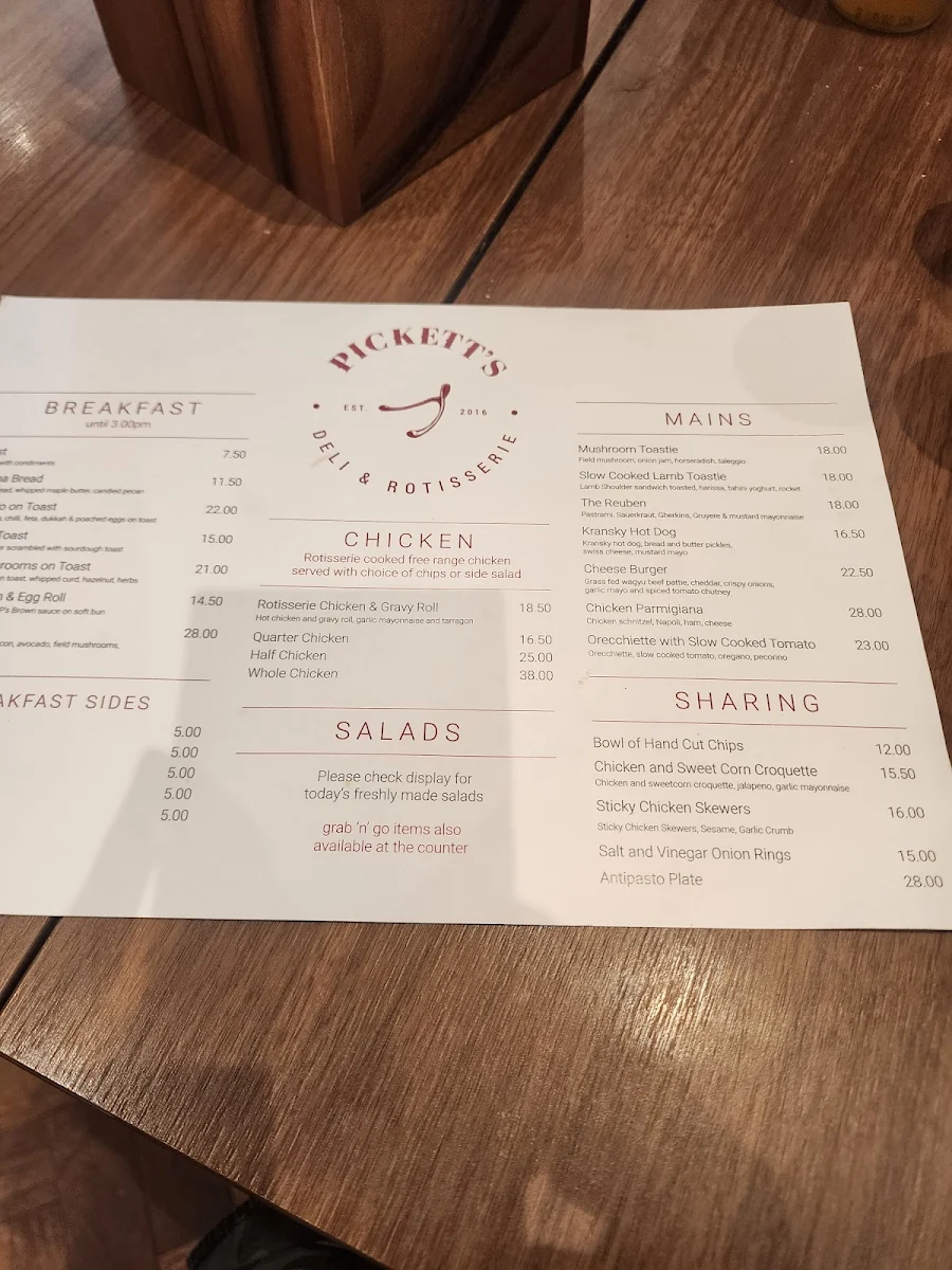 Menu, Pickett’s