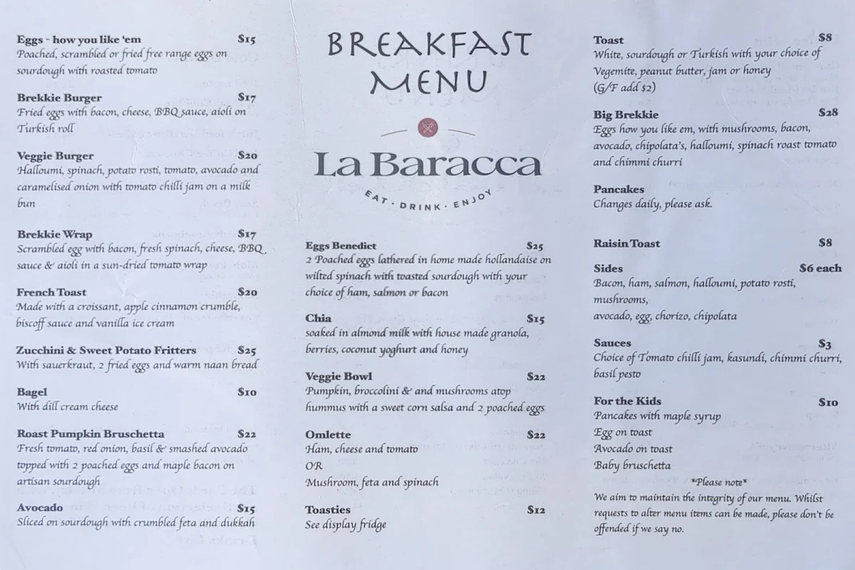Menu, La Baracca Espresso Bar & Trattoria