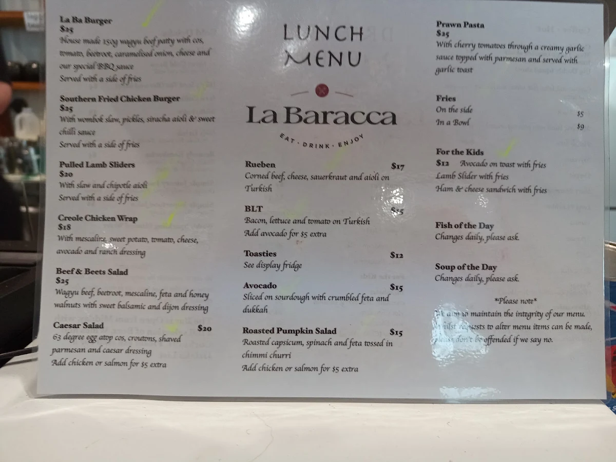 Menu, La Baracca Espresso Bar & Trattoria