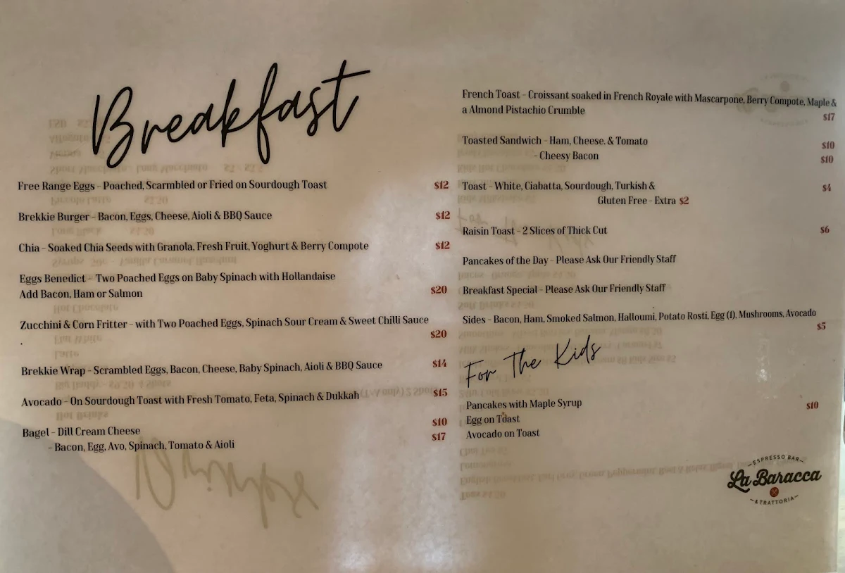 Menu, La Baracca Espresso Bar & Trattoria
