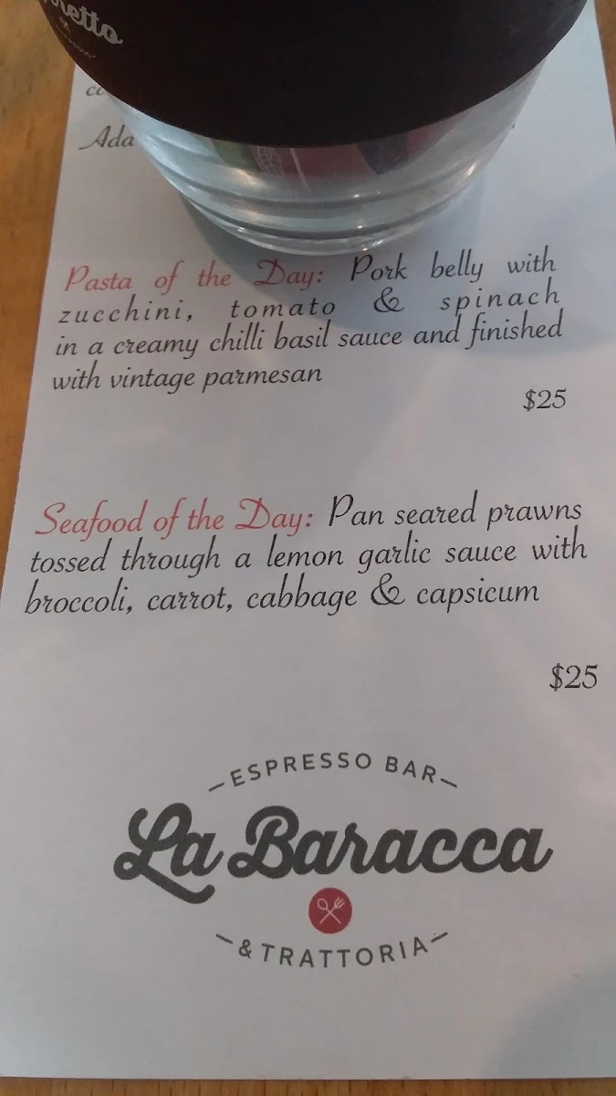 Menu, La Baracca Espresso Bar & Trattoria