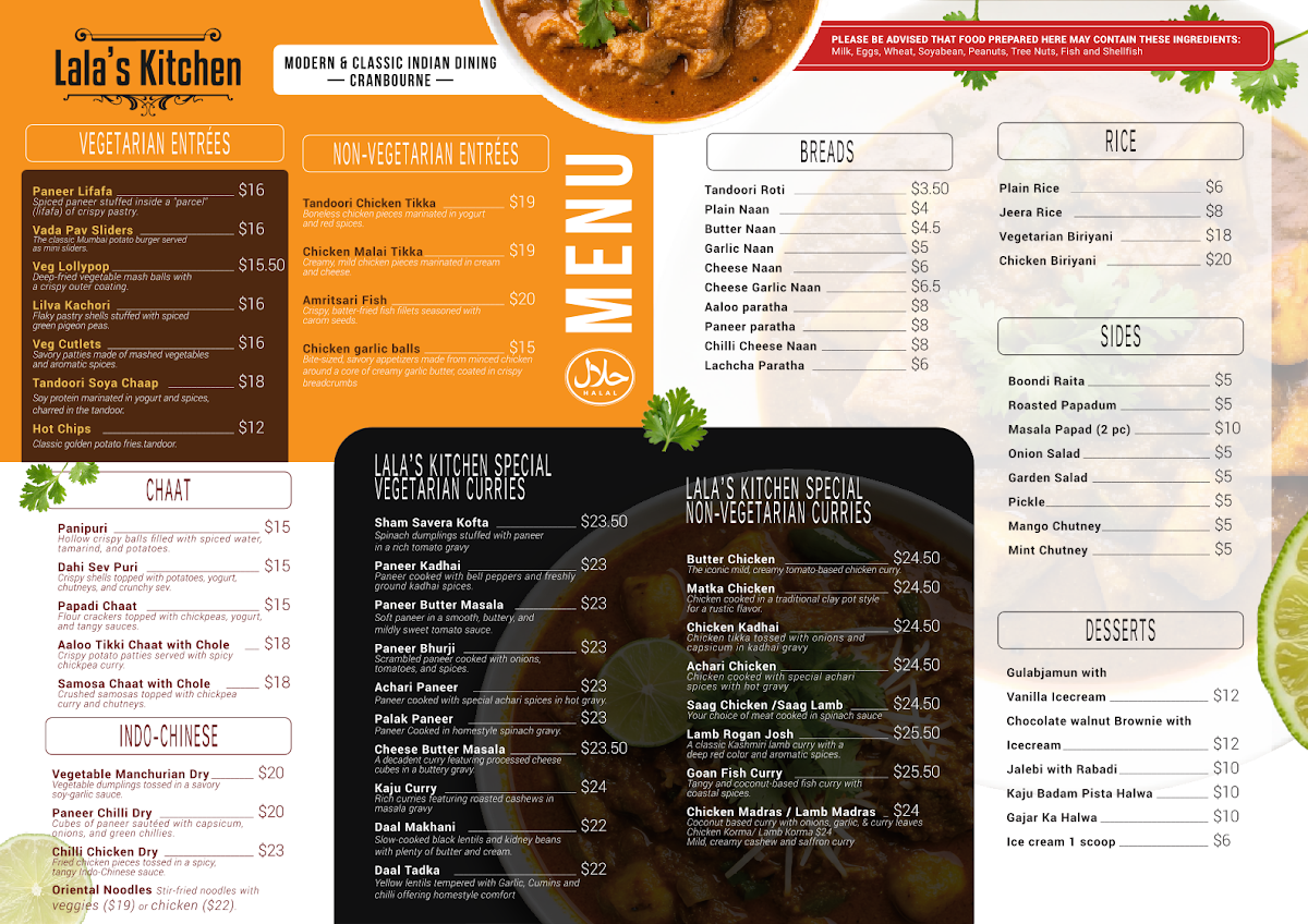 Menu, Lala's Kitchen - Cranbourne West