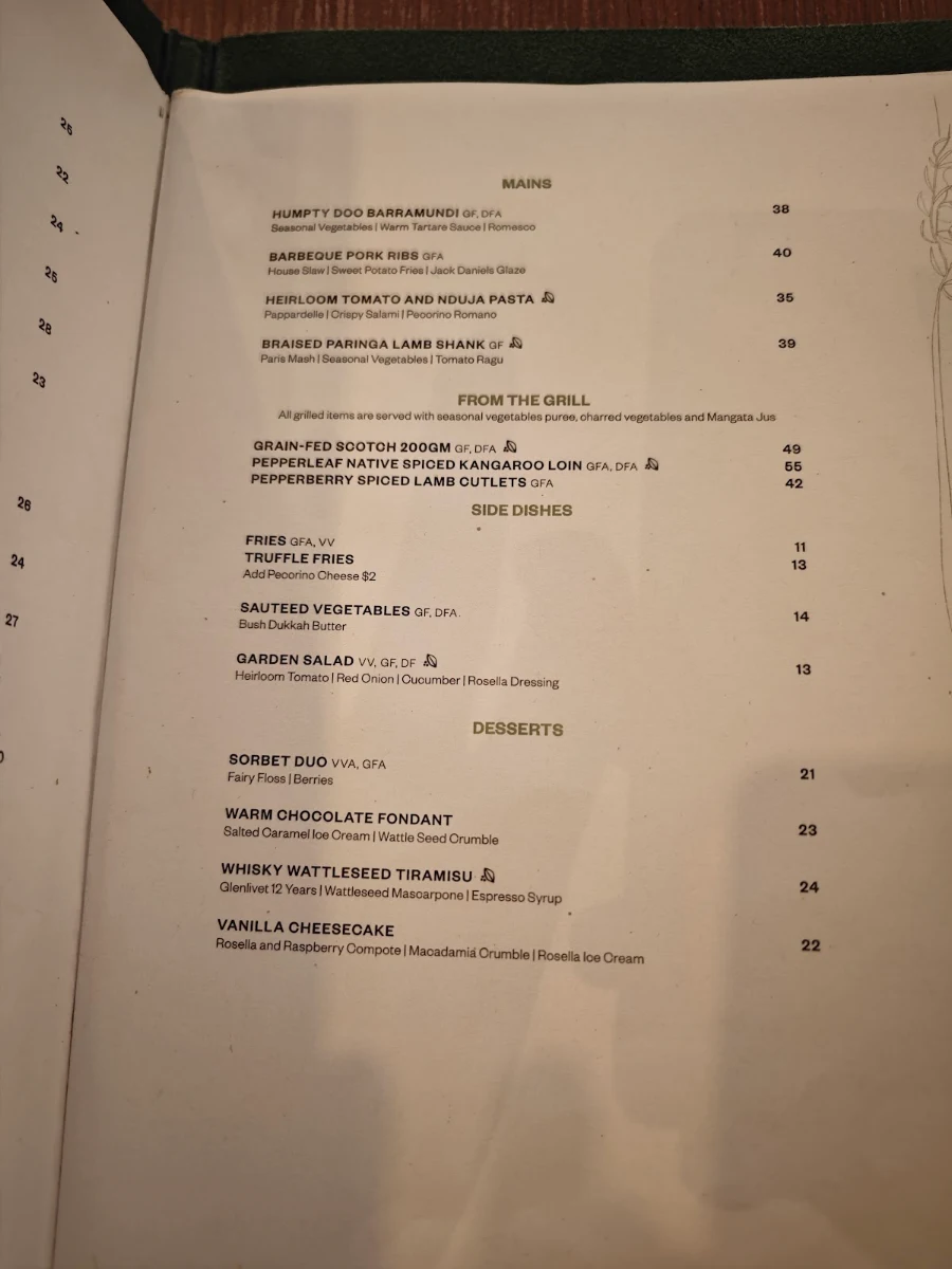 Menu, Mangata Bistro & Bar