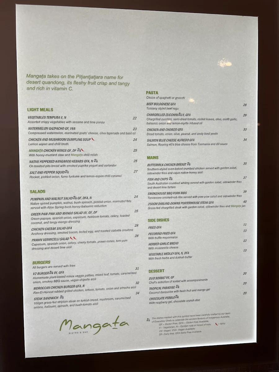 Menu, Mangata Bistro & Bar