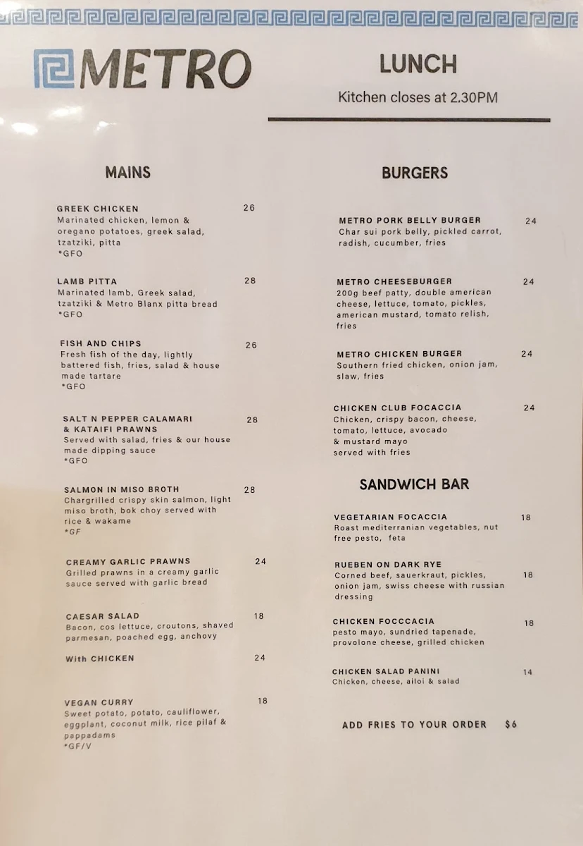 Menu, Metro | Bakery & Cafe