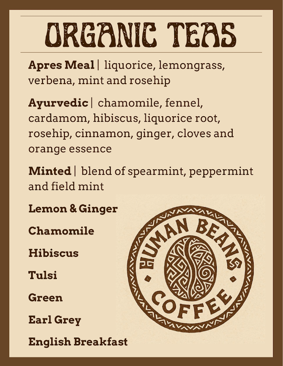 Menu, Human Beans Organic Coffee