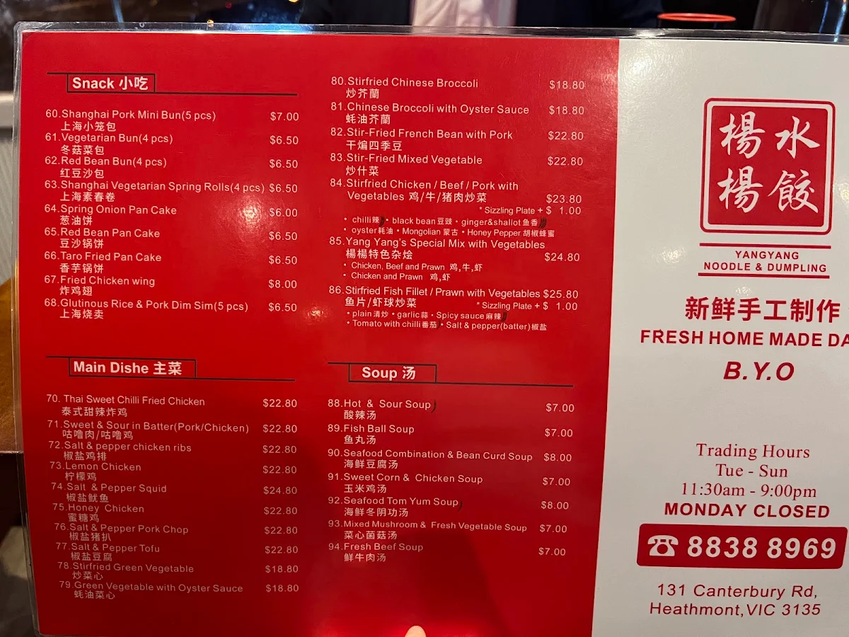 Menu, Yang Yang Noodle & Dumpling