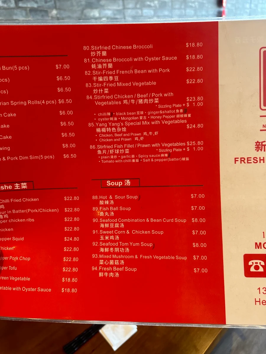 Menu, Yang Yang Noodle & Dumpling