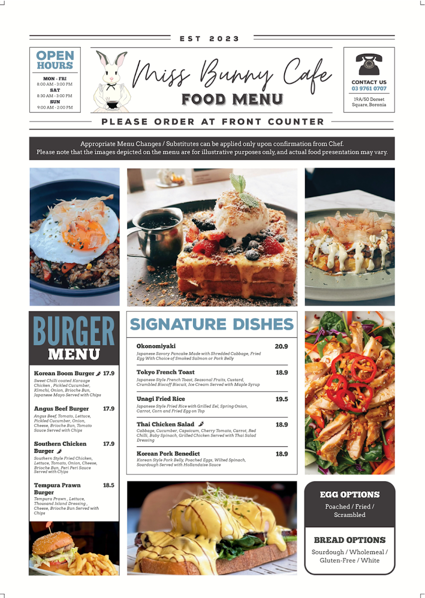 Menu, Miss Bunny Café
